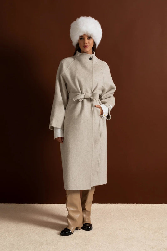 Belted Wool Blend Midi Coat with High Neckline – Beige