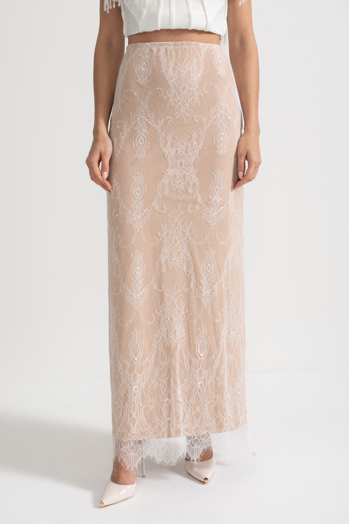 Strapless Corset Gown with Sheer Nude Maxi Skirt – White – view 14