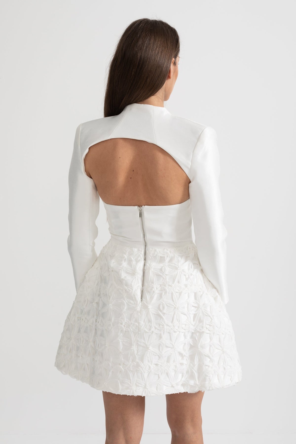 Strapless Sweetheart Mini Dress with Detachable Sculptural Bolero – White – view 6