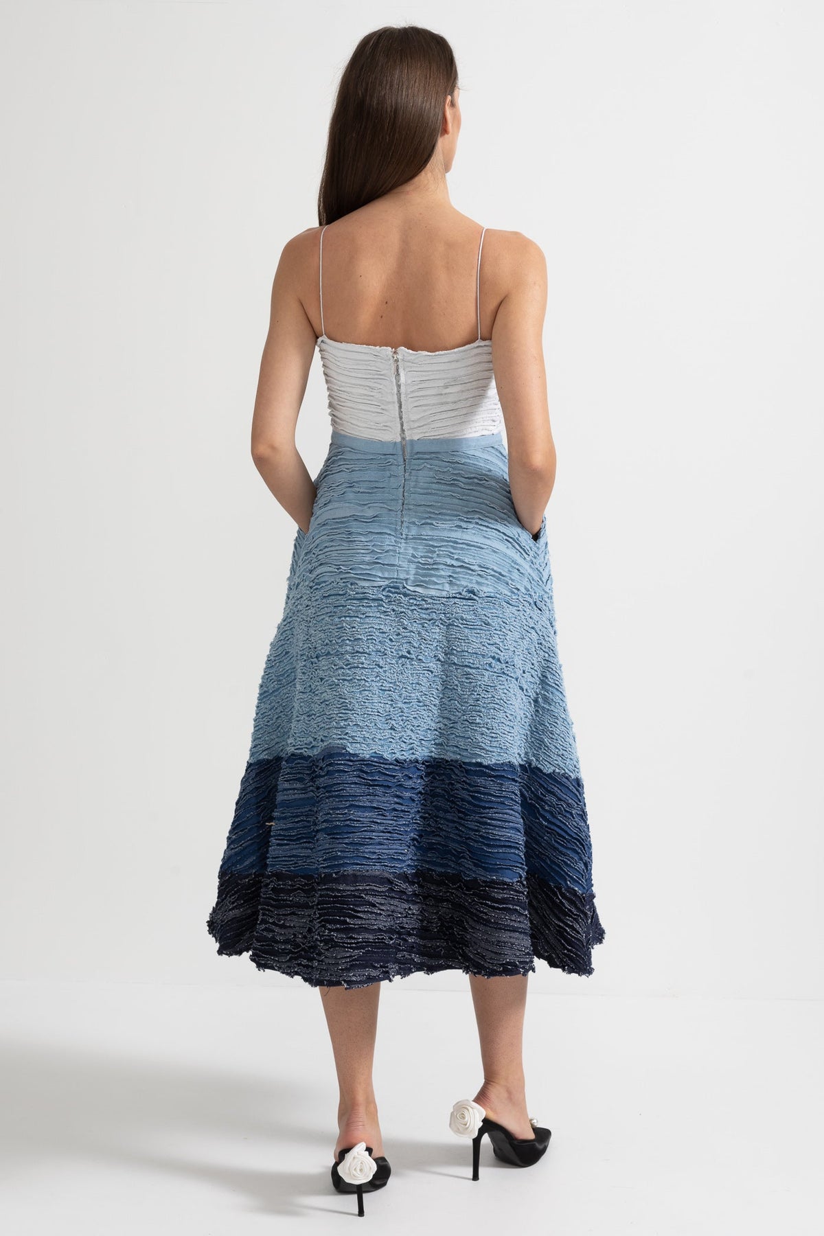 Ombre Pleated Spaghetti Strap Midi Dress with Denim Belt – White and Blue – view 8