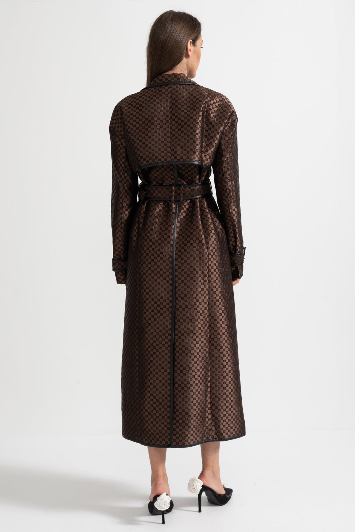 Wide Lapel Jacquard Trench Coat with Gold Buckle Waist Belt – Brown – view 8