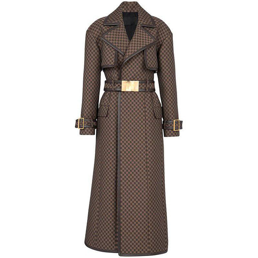 Wide Lapel Jacquard Trench Coat with Gold Buckle Waist Belt – Brown – view 2
