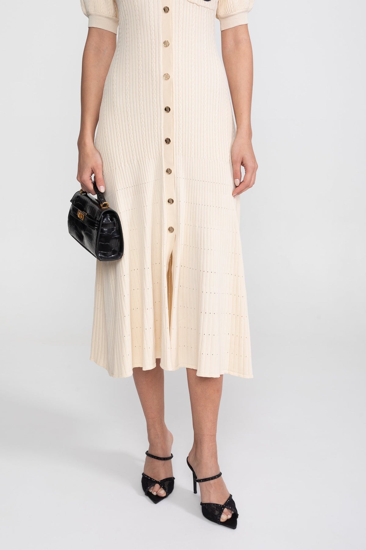 Ribbed Knit Polo Collar Puff Sleeve Midi Dress with Monogram Pocket – Cream – view 6