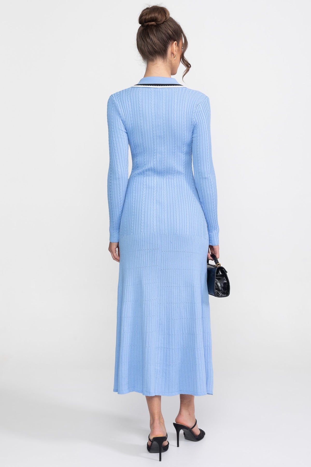 Ribbed Knit Polo Collar Long Sleeve Midi Dress with Monogram Pocket – Blue