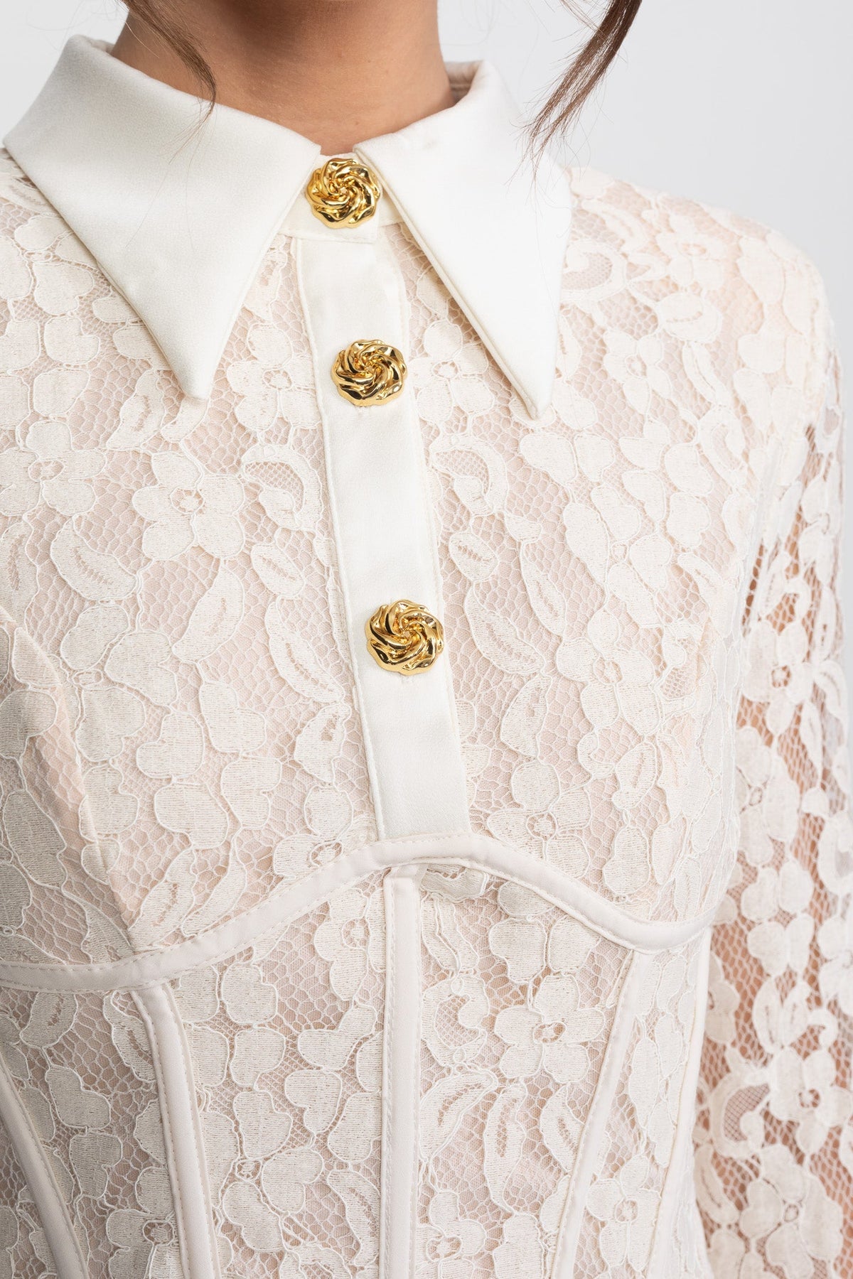 Long Sleeve Stretch Lace Mini Dress with Gold Buttons and Scallop Hem – Ivory