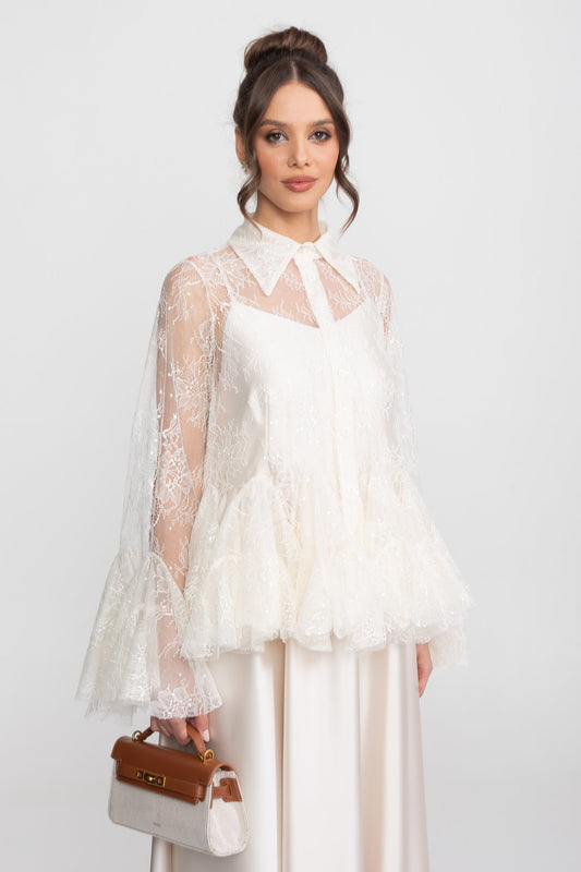 Sheer Lace Peplum Blouse and Satin Feel Maxi Skirt Set – Ivoire – view 2