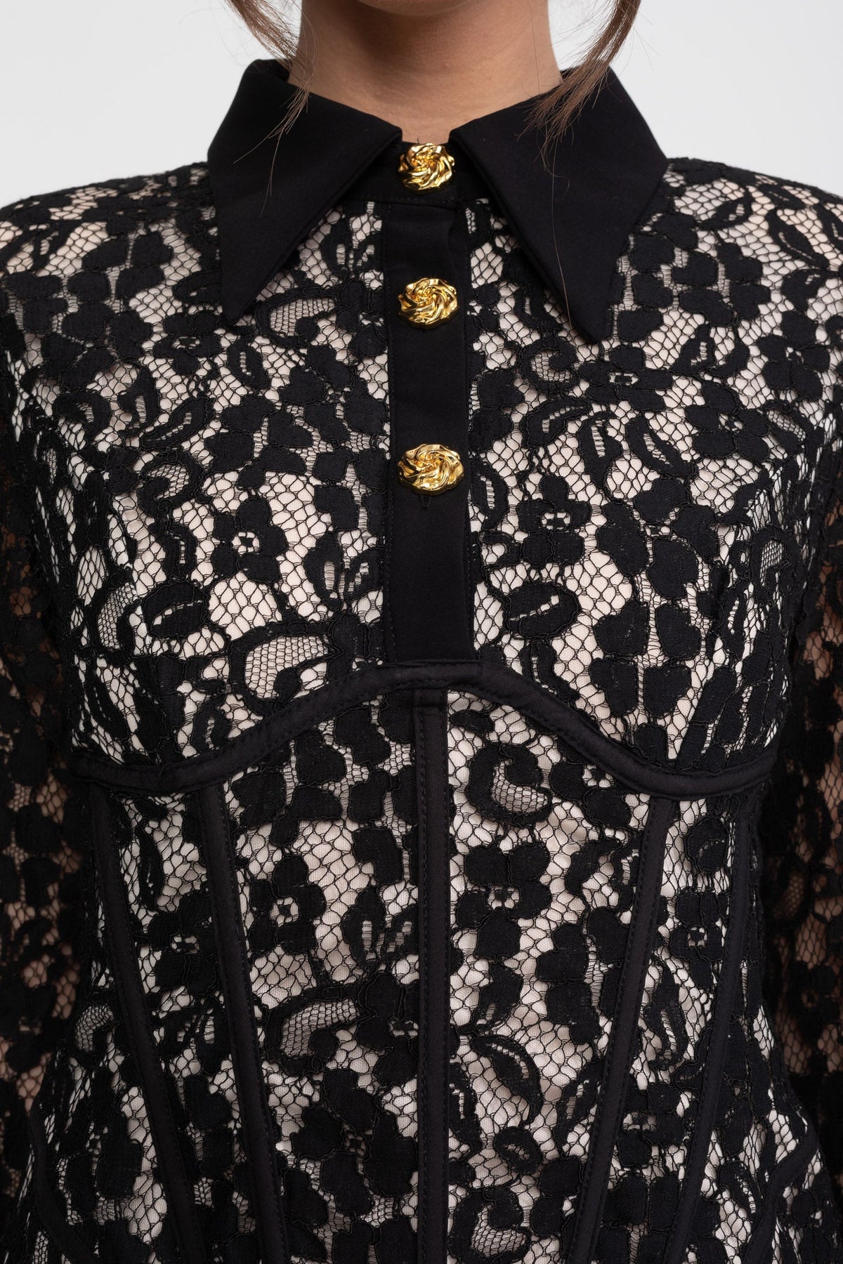 Long Sleeve Stretch Lace Mini Dress with Gold Buttons and Scallop Hem – Black