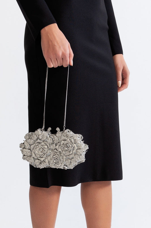 Crystal Embellished Clutch Bag with Chain Strap – Silver – view 2