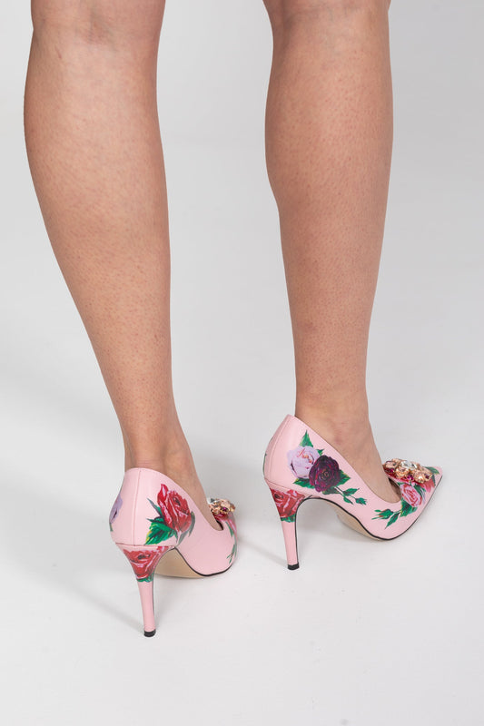 Rose Print Pointed Toe Stiletto Pumps with Crystal Brooch – Pink – view 2