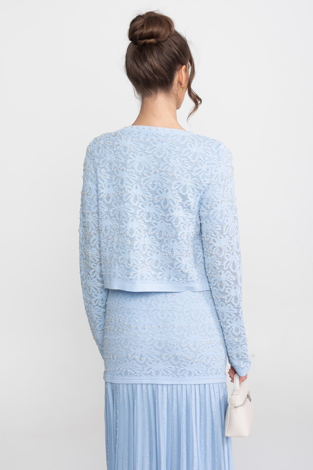 Beaded Lace Long Sleeve Cardigan with Pearl Buttons – Blue