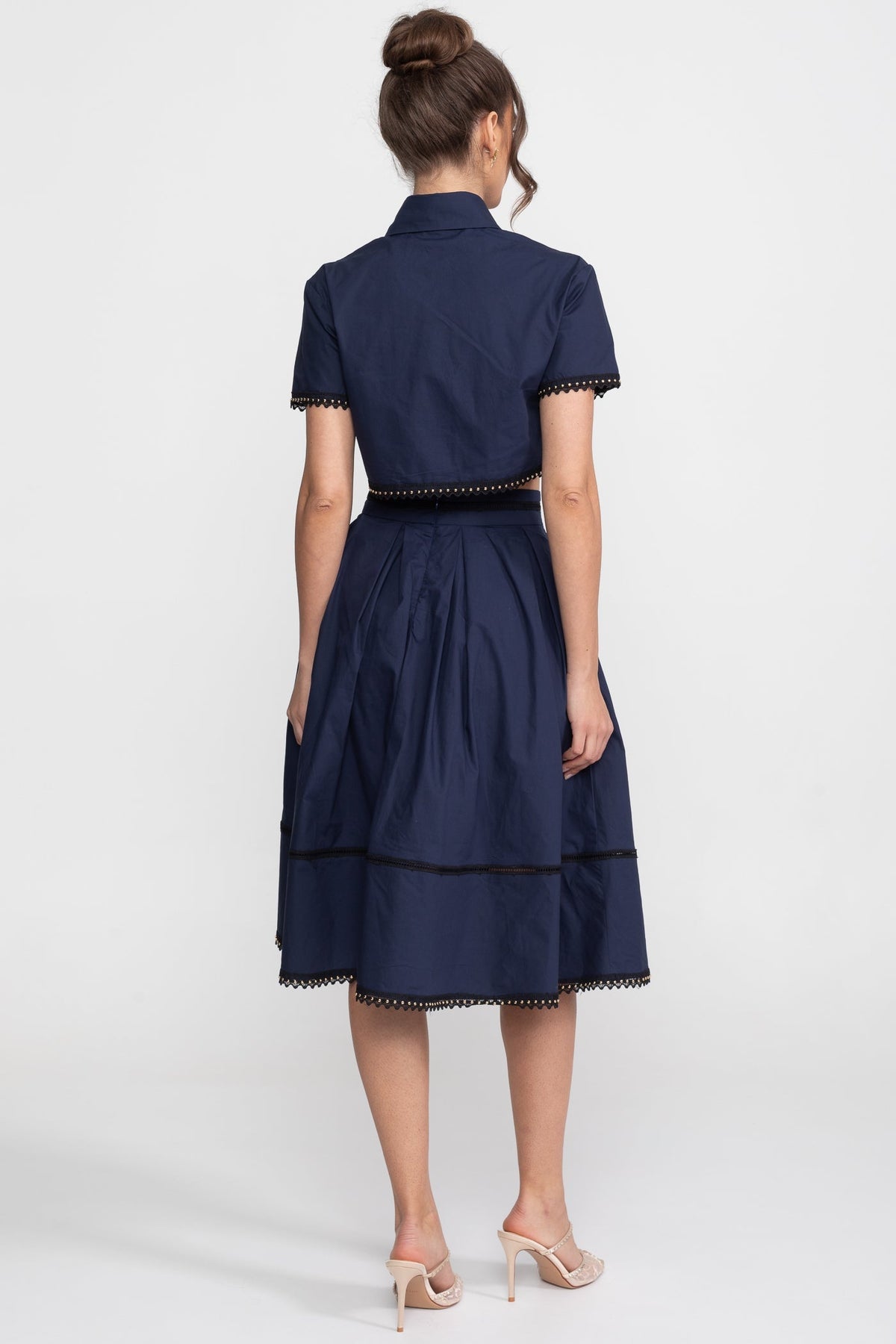 Broderie Trim Cropped Shirt and A-Line Midi Skirt Co-ord Set – Navy