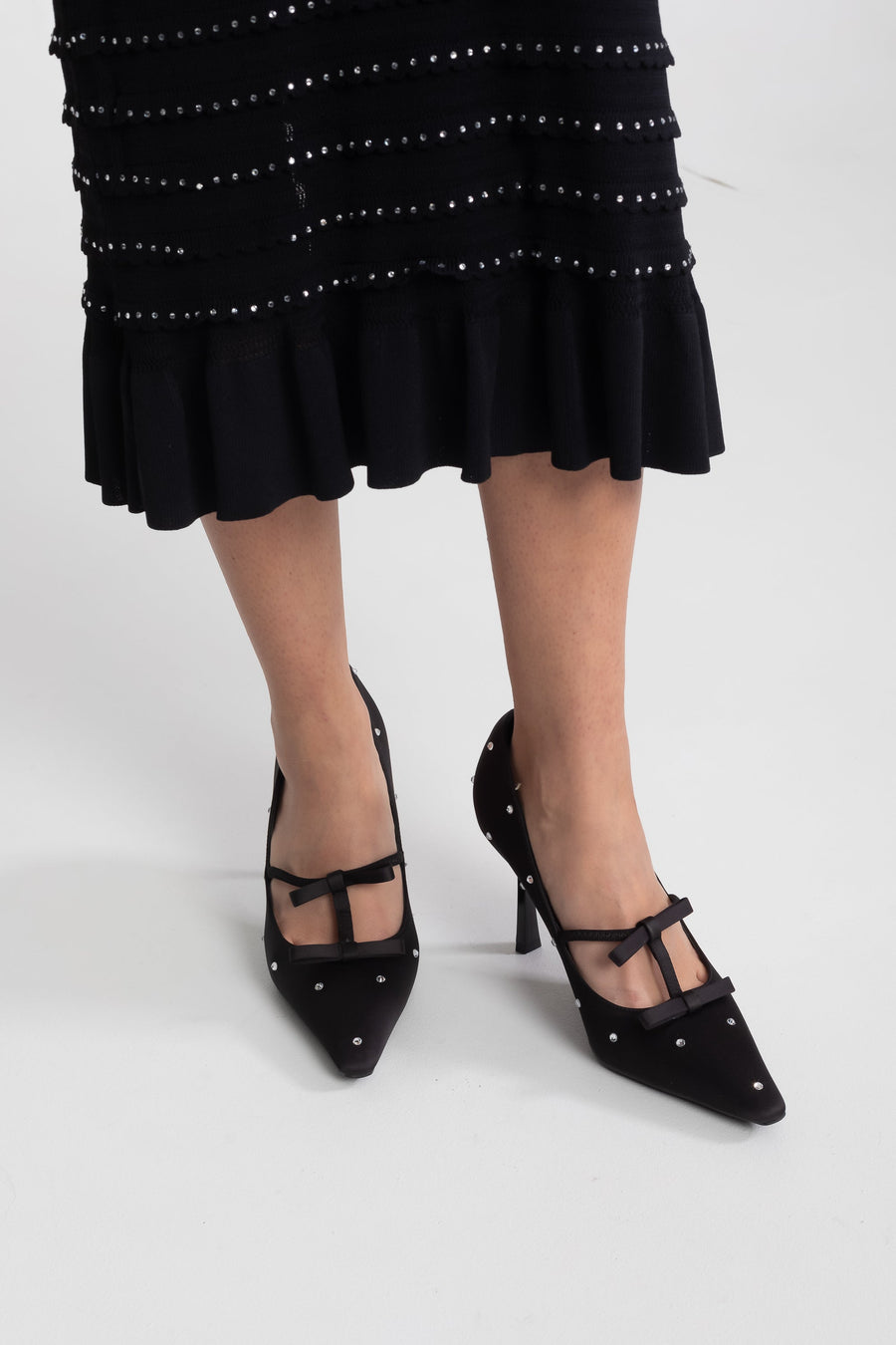 Bow Detail Pointed Toe T-Bar Pumps with Crystal Studs – Black