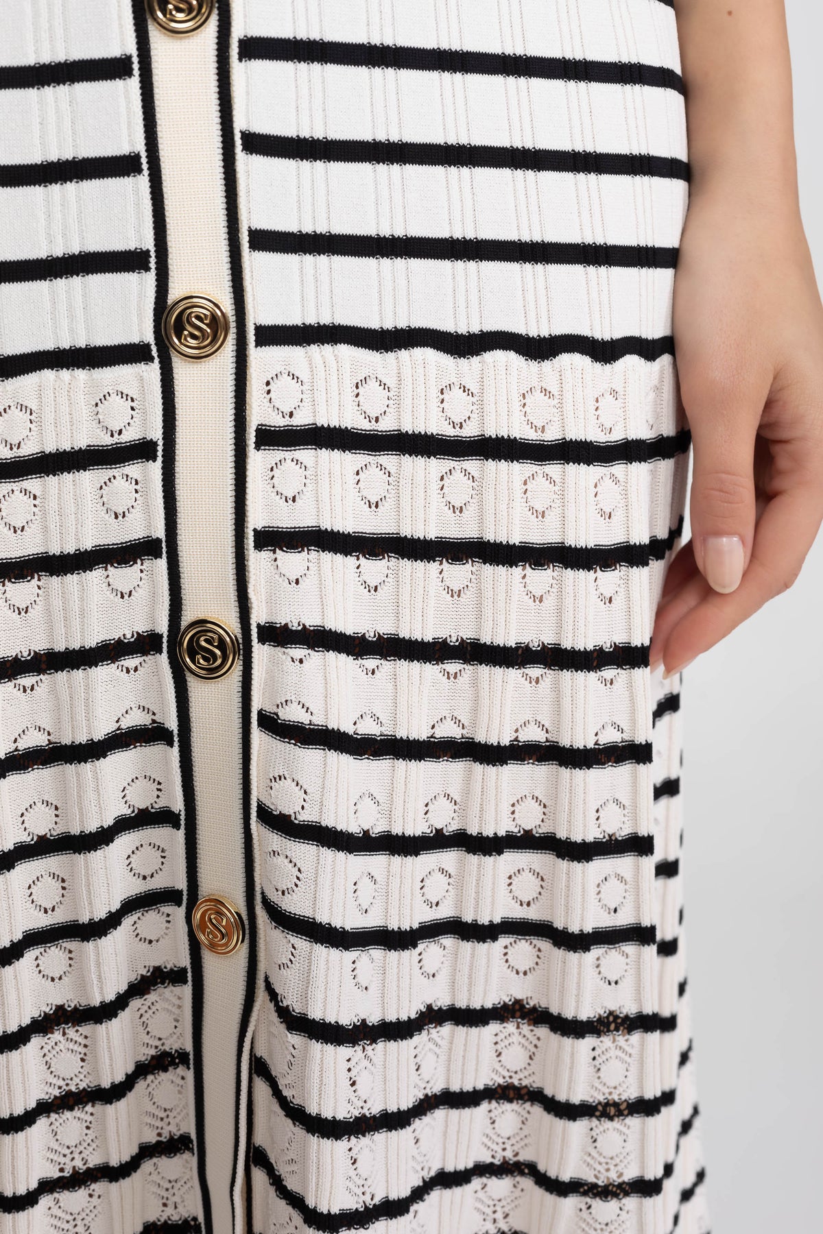 Striped Knit V-Neck Button-Through Midi Dress – White and Black – view 6