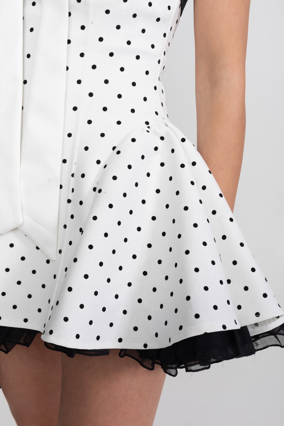 Strapless Dotted Mini Dress with Satin Bow and Organza Ruffle Hem – White – view 7