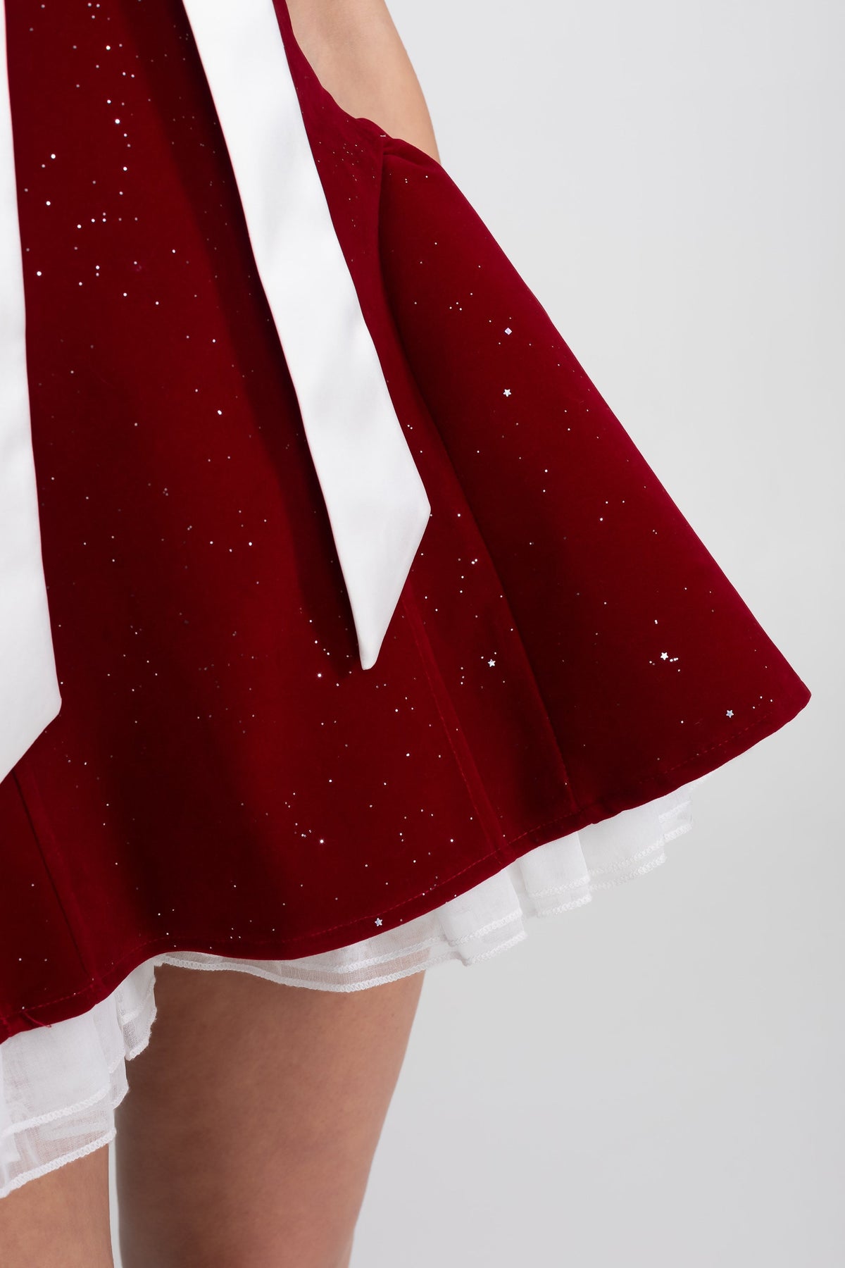 Strapless Velvet A-Line Mini Dress with White Satin Bow – Red – view 5