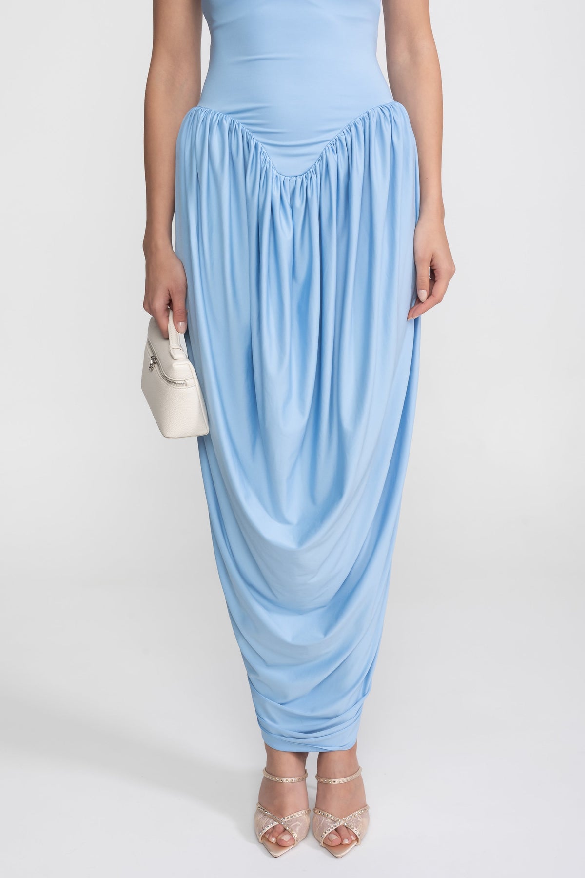 High Halter Neck Fitted Maxi Dress with Gathered Balloon Skirt – Light Blue – view 10