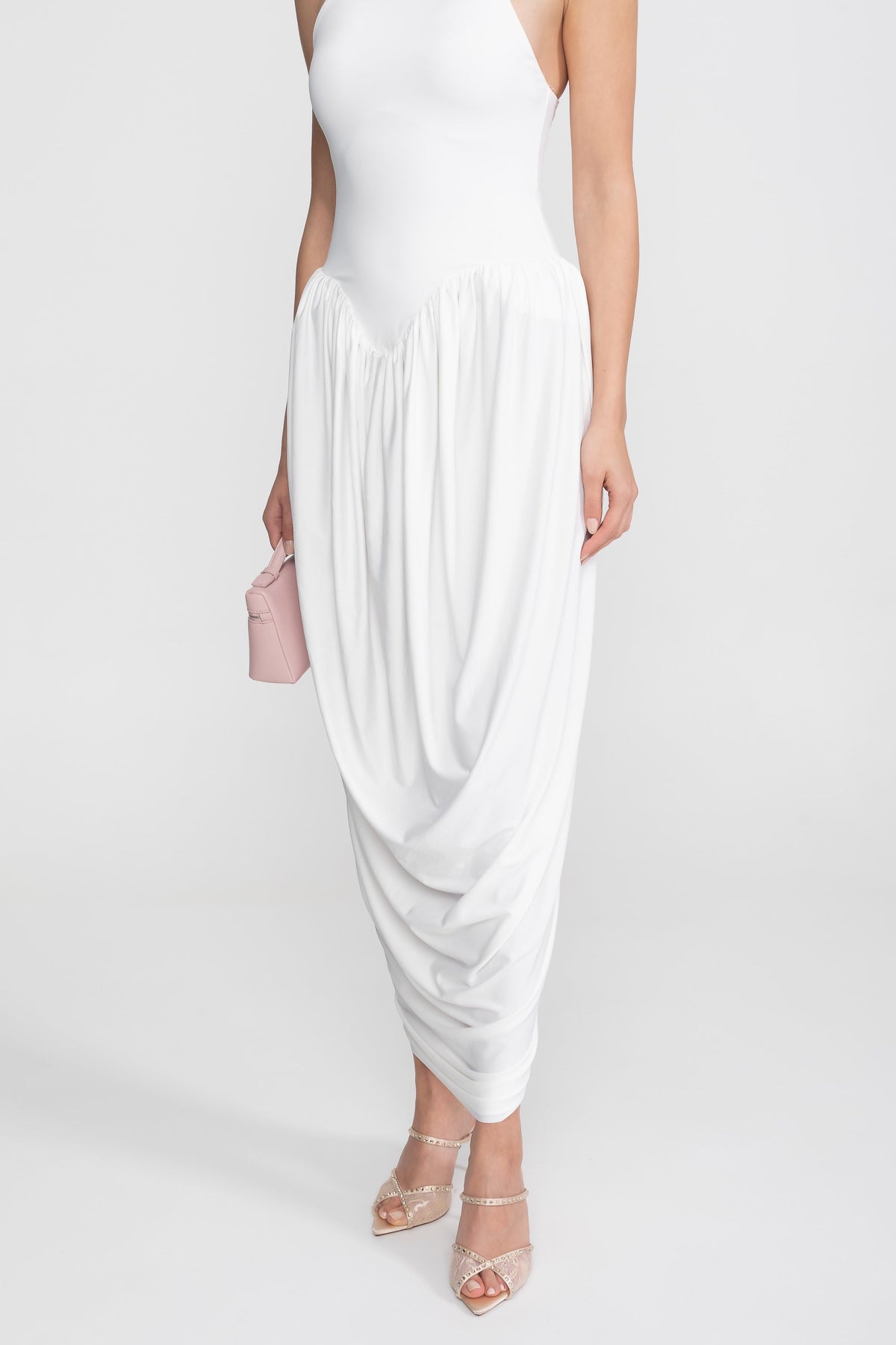 High Halter Neck Fitted Maxi Dress with Gathered Balloon Skirt – White – view 8