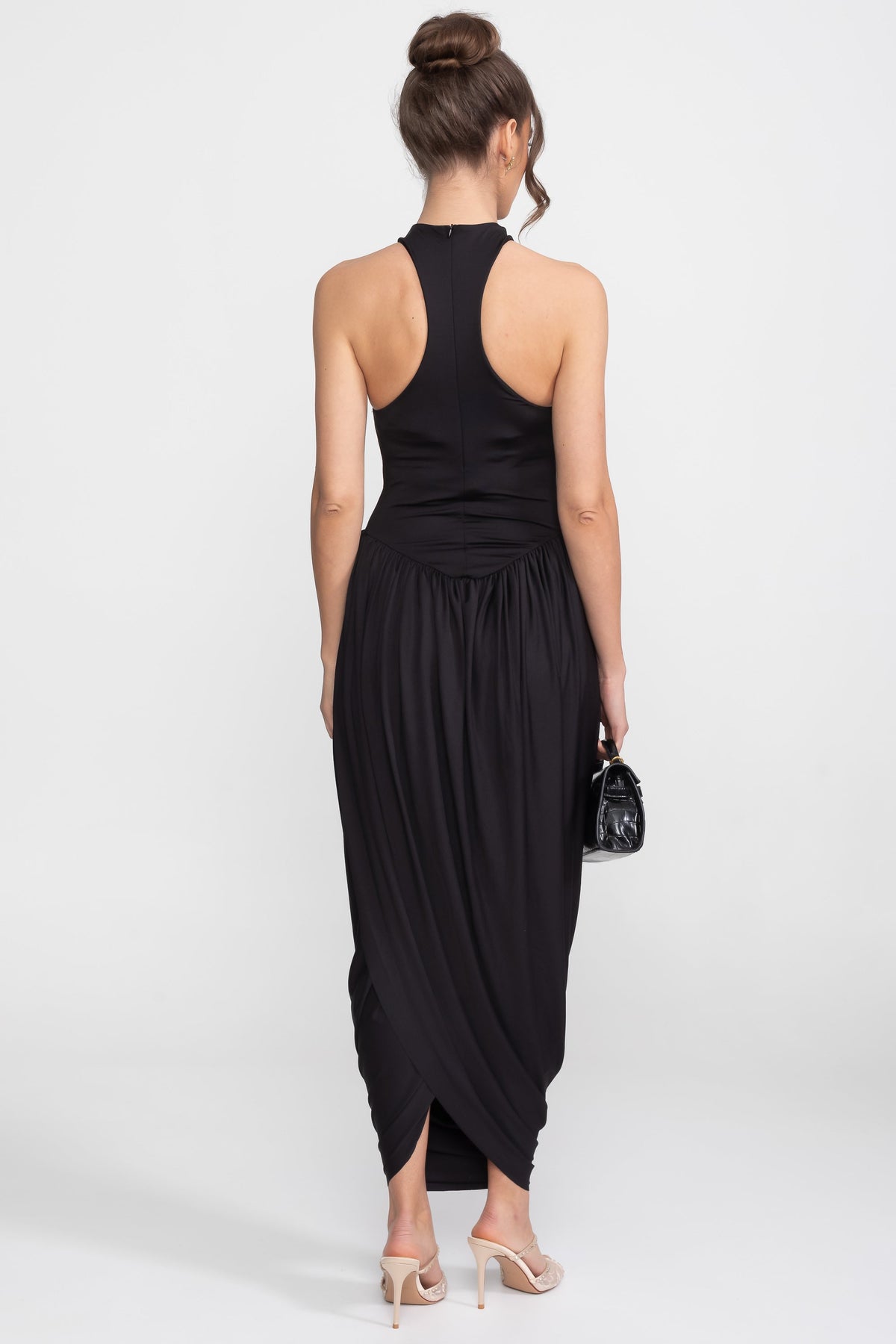 High Halter Neck Fitted Maxi Dress with Gathered Balloon Skirt – Black – view 5