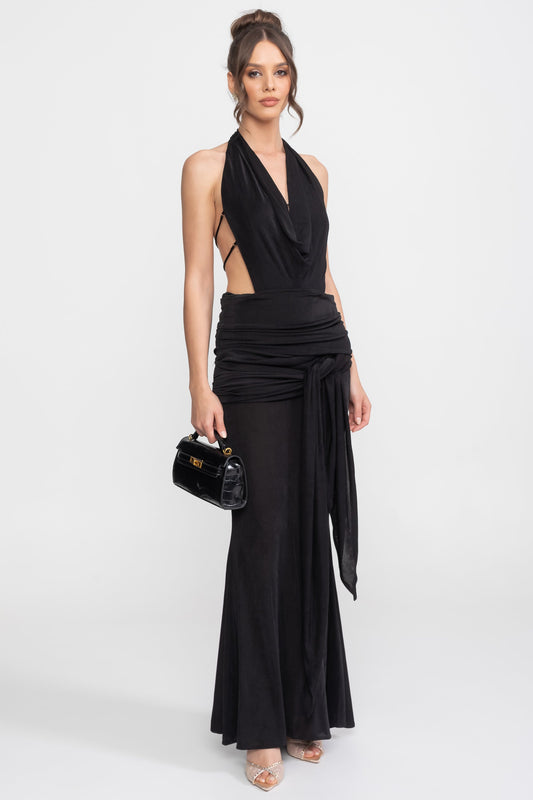 Deep V Halter Ruched Column Gown with Side Tie Sash – Black – view 2
