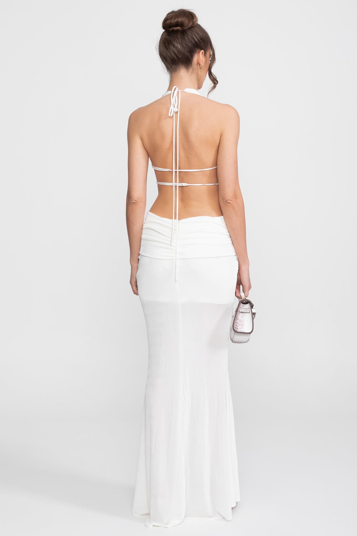 Ruched Deep V Halter Maxi Gown with Trailing Waist Sash – White – view 15