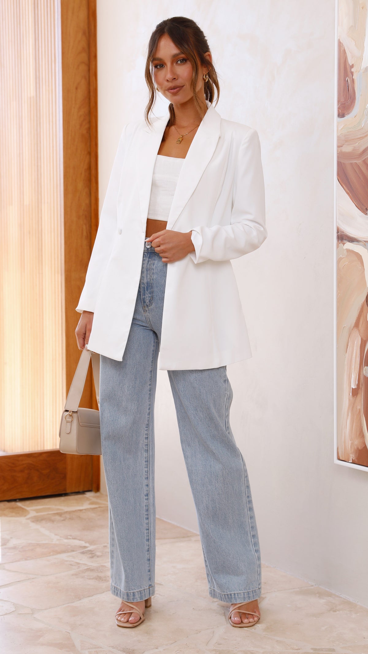 Hada Collared Lapel Lined Blazer with Side Pockets – White – view 8