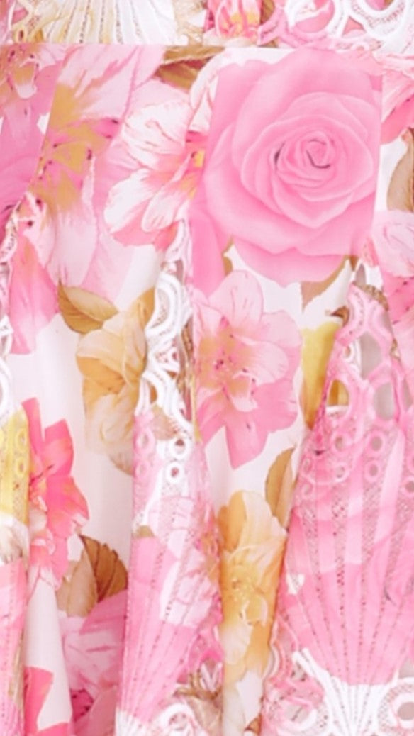 Felicity V-Neck Balloon Sleeve Lace Trim Mini Dress – Pink Floral