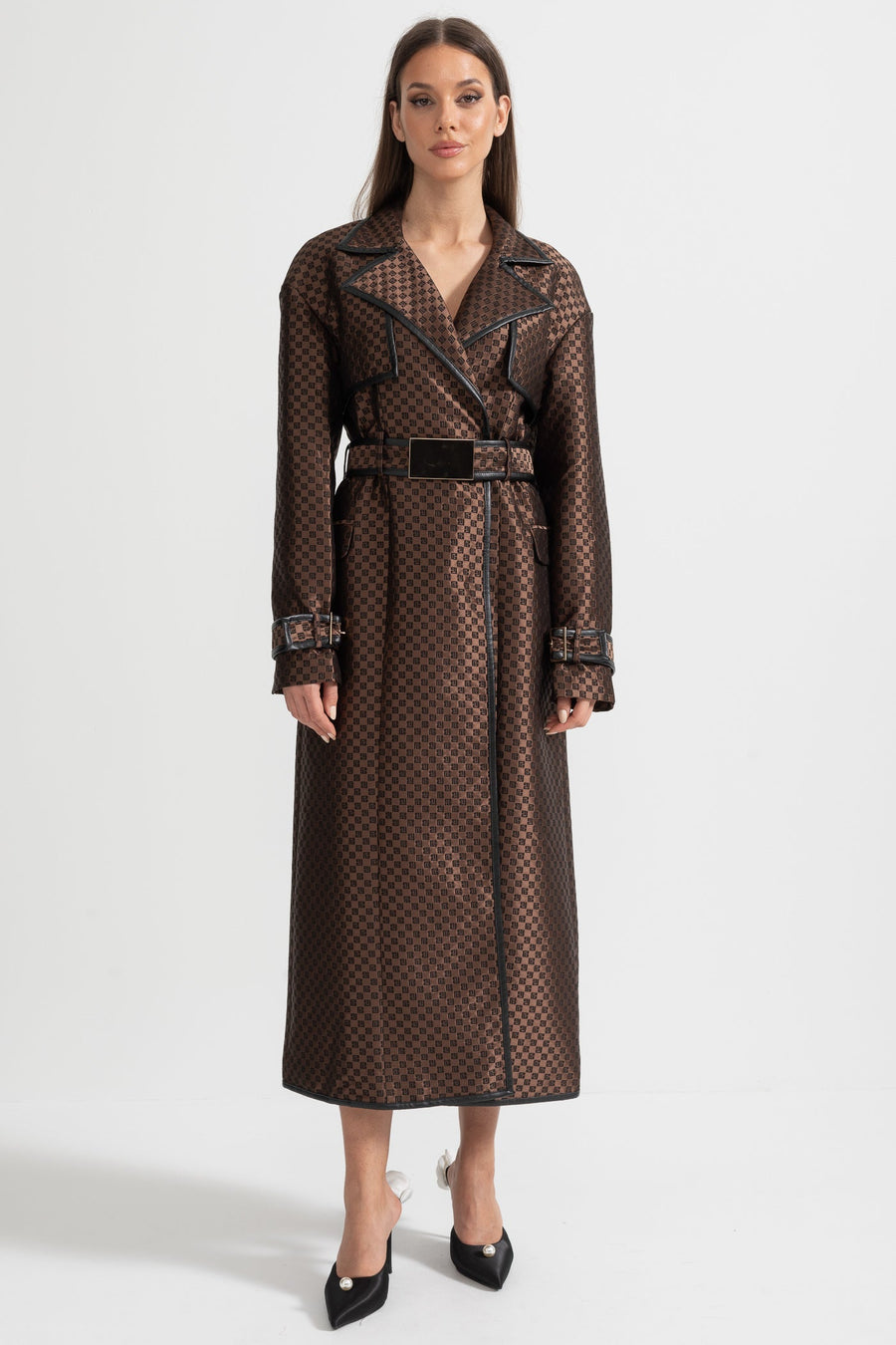 Wide Lapel Jacquard Trench Coat with Gold Buckle Waist Belt – Brown