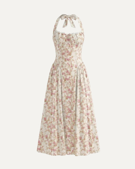 Santorini Halter Neck Contoured Stretch Dress – Small Red Flowers on White