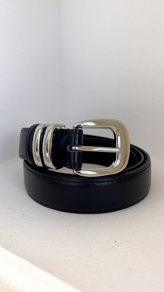 Wilma Faux Leather Belt with Silver Hardware – Black