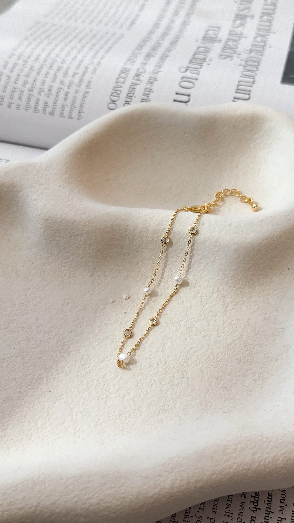 Nina Freshwater Pearl and Crystal Fine Chain Bracelet – Gold – view 3