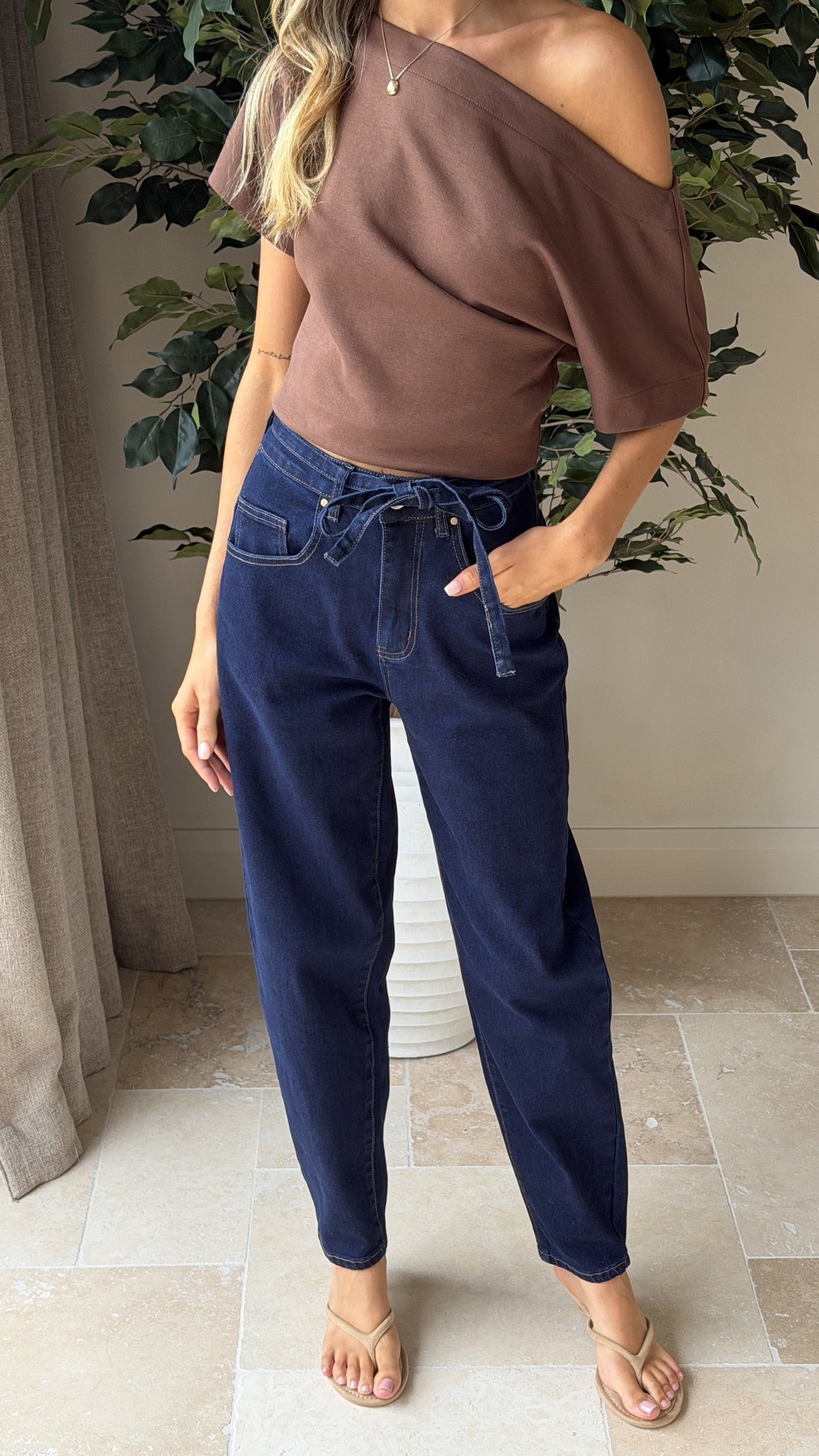 Clove High Waisted Barrel Leg Jeans with Waist Tie – Indigo – view 6