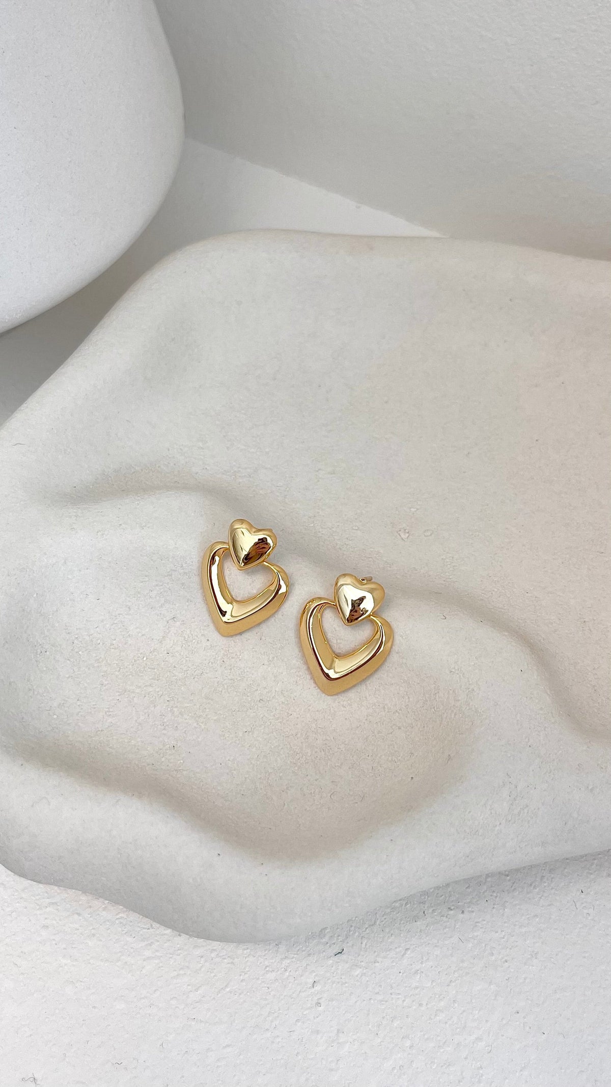 Saffi Double Heart Drop Earrings with Stud Back – Gold – view 3