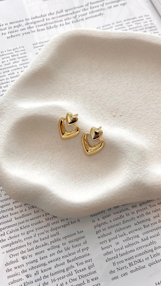 Saffi Double Heart Drop Earrings with Stud Back – Gold – view 2