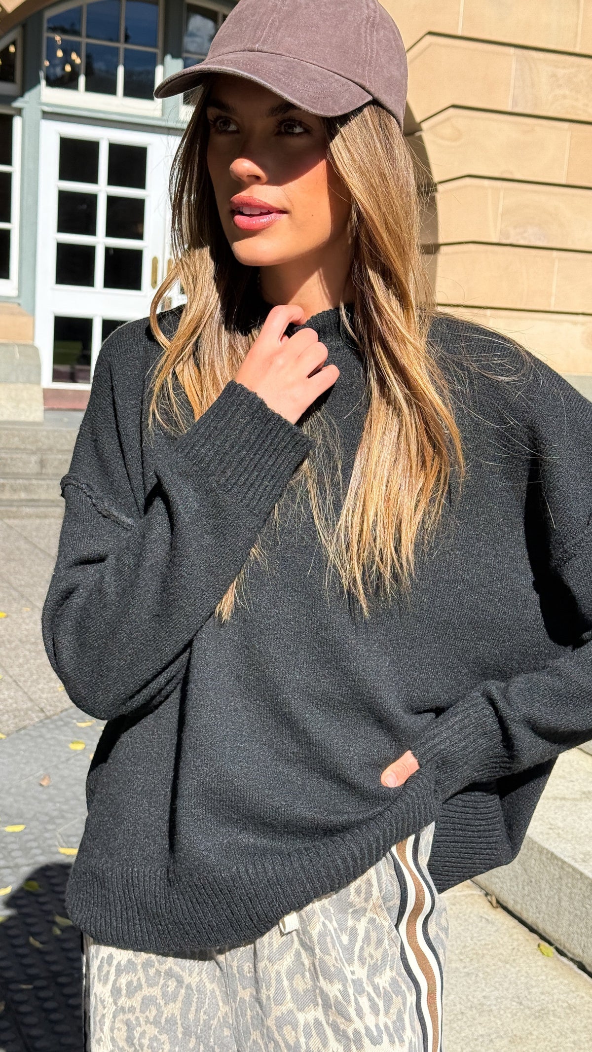 Haven Oversized Crew Neck Exposed Seam Knit Jumper – Black – view 6