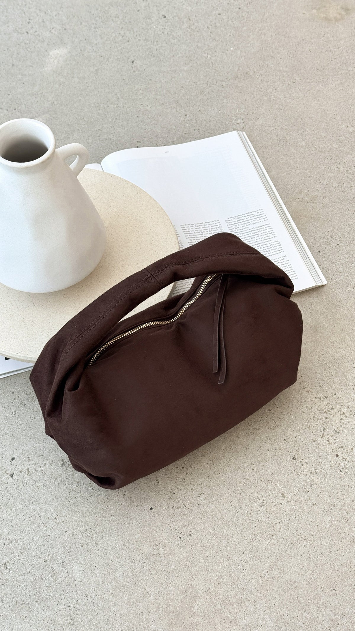 Renee Round Shoulder Bag with Gold Hardware – Chocolate Suede – view 5