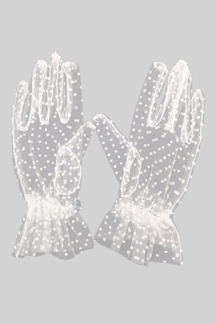 Transparent Lace Mesh Gloves with Dot Detail – White