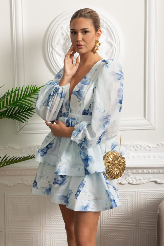 Watercolour Floral V-Neck Volume Sleeve Peplum Mini Dress – White & Blue – view 2