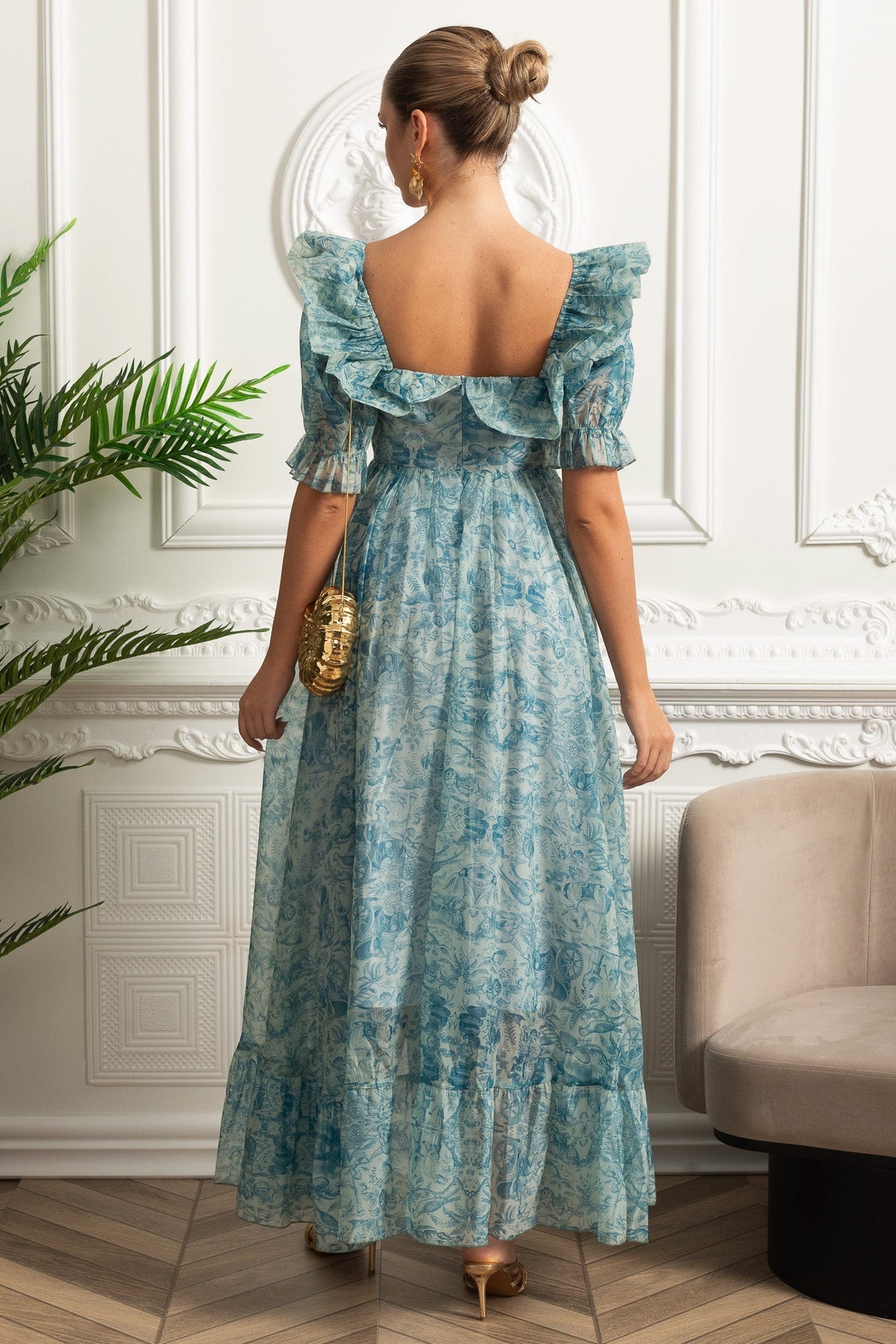 Sweetheart Neck Printed Maxi Dress with Puff Sleeves and Front Slit – Blue – view 10
