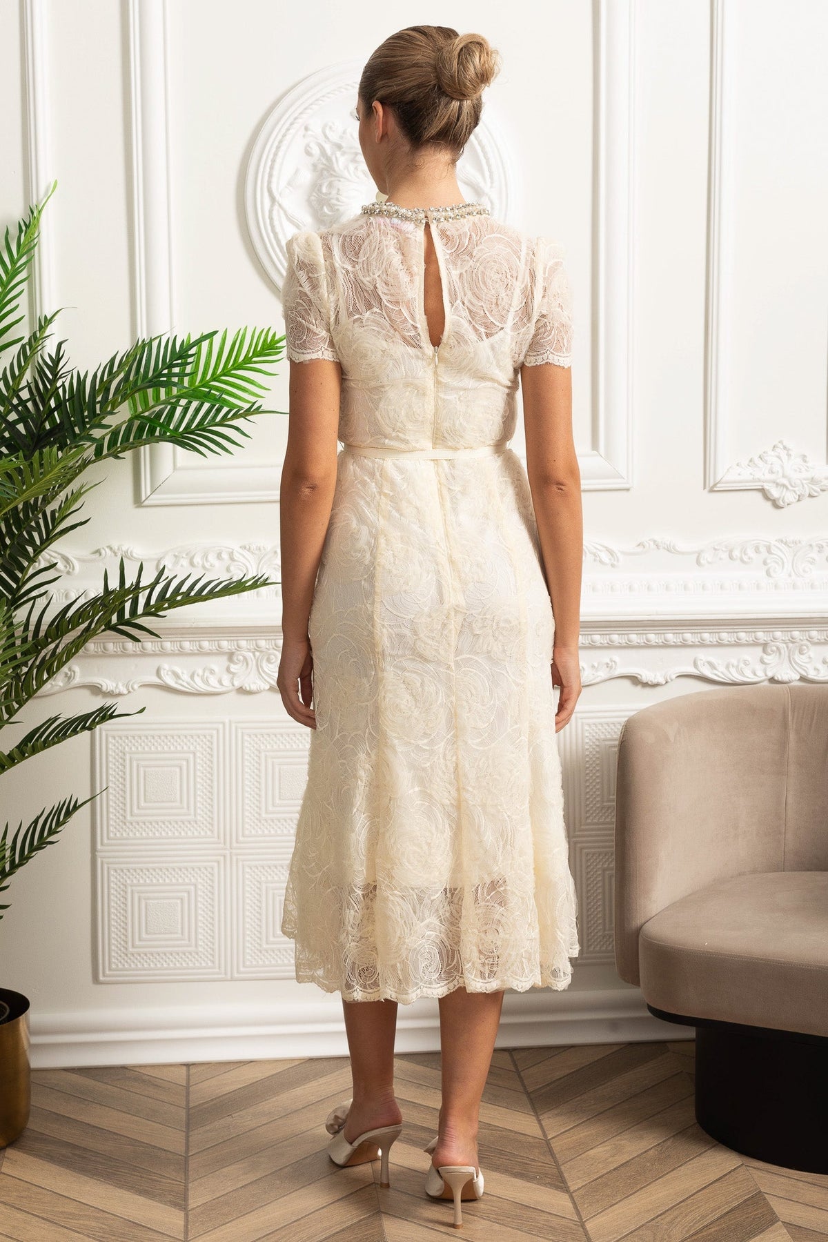Embroidered Lace Short Sleeve Midi Dress with Thin Waist Belt – Ivory – view 7