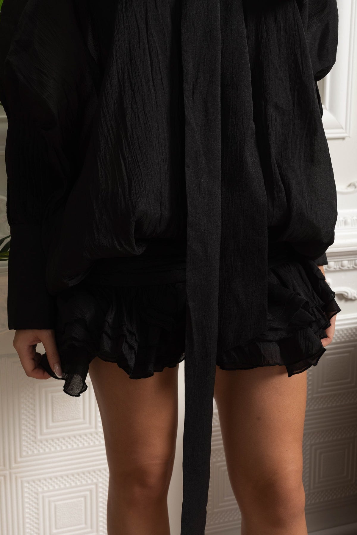 Sheer Bow Neck Balloon Sleeve Mini Dress with Ruffle Hem – Black – view 6