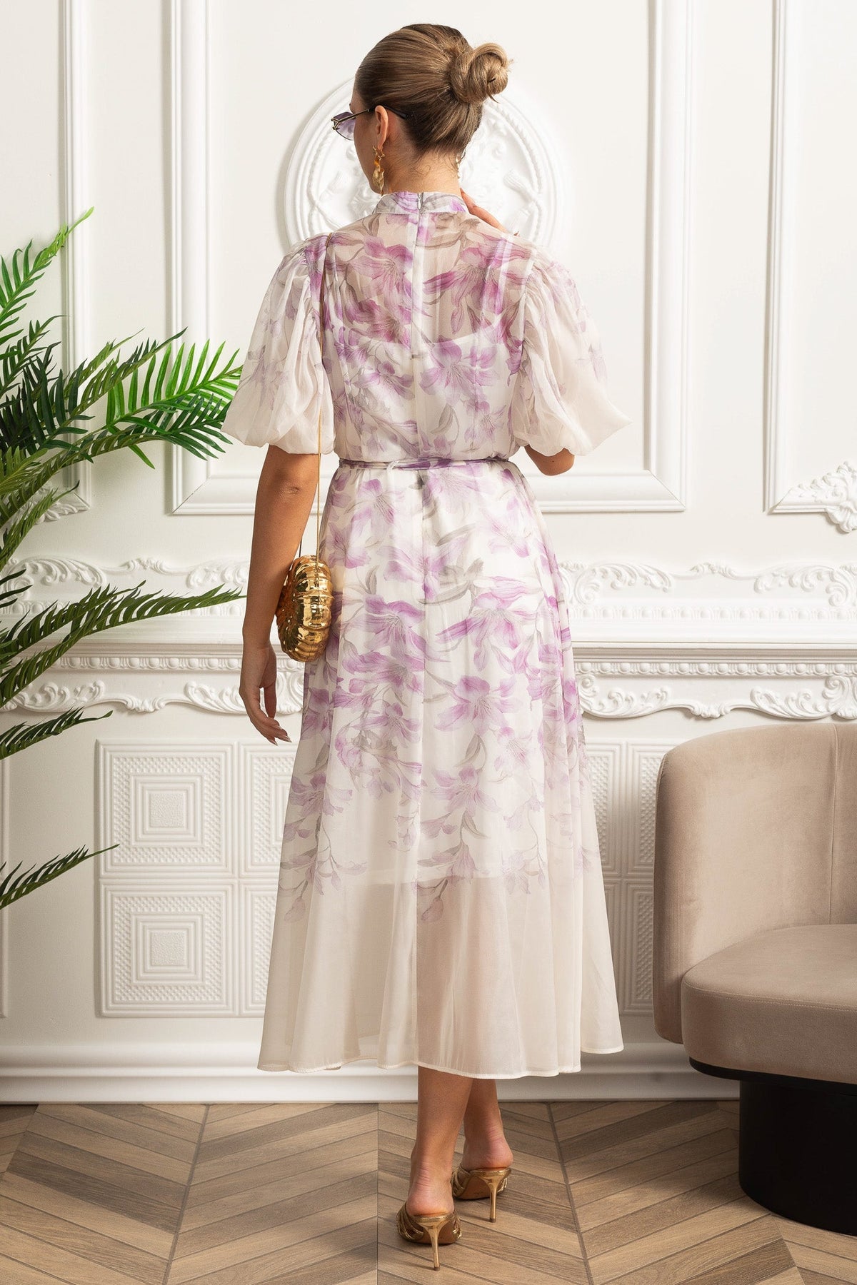 Sheer Botanical Print Puff Sleeve Midi Shirt Dress – White/Purple – view 5