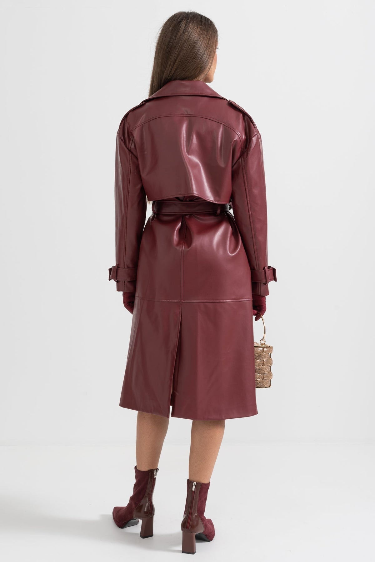 Vegan Leather Belted Trench Coat with Wide Lapels – Burgundy – view 8