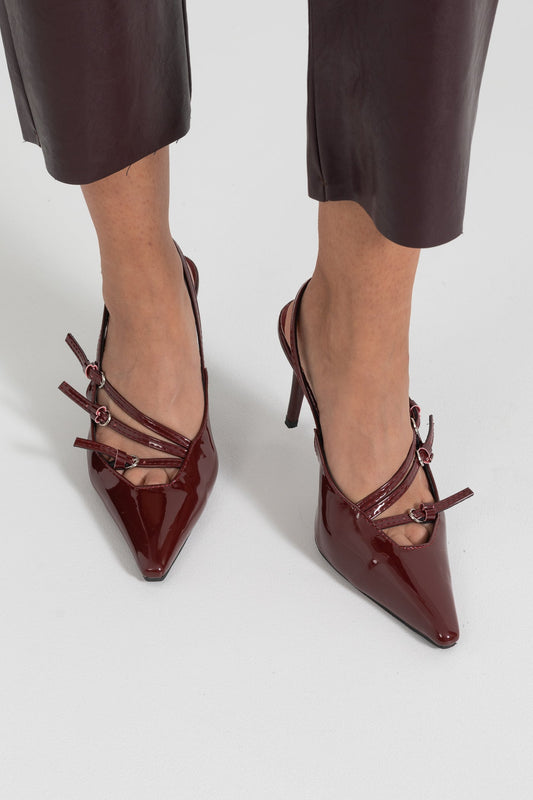 Glossy Pointed Toe Slingback Heels with Silver Buckles – Burgundy – view 2