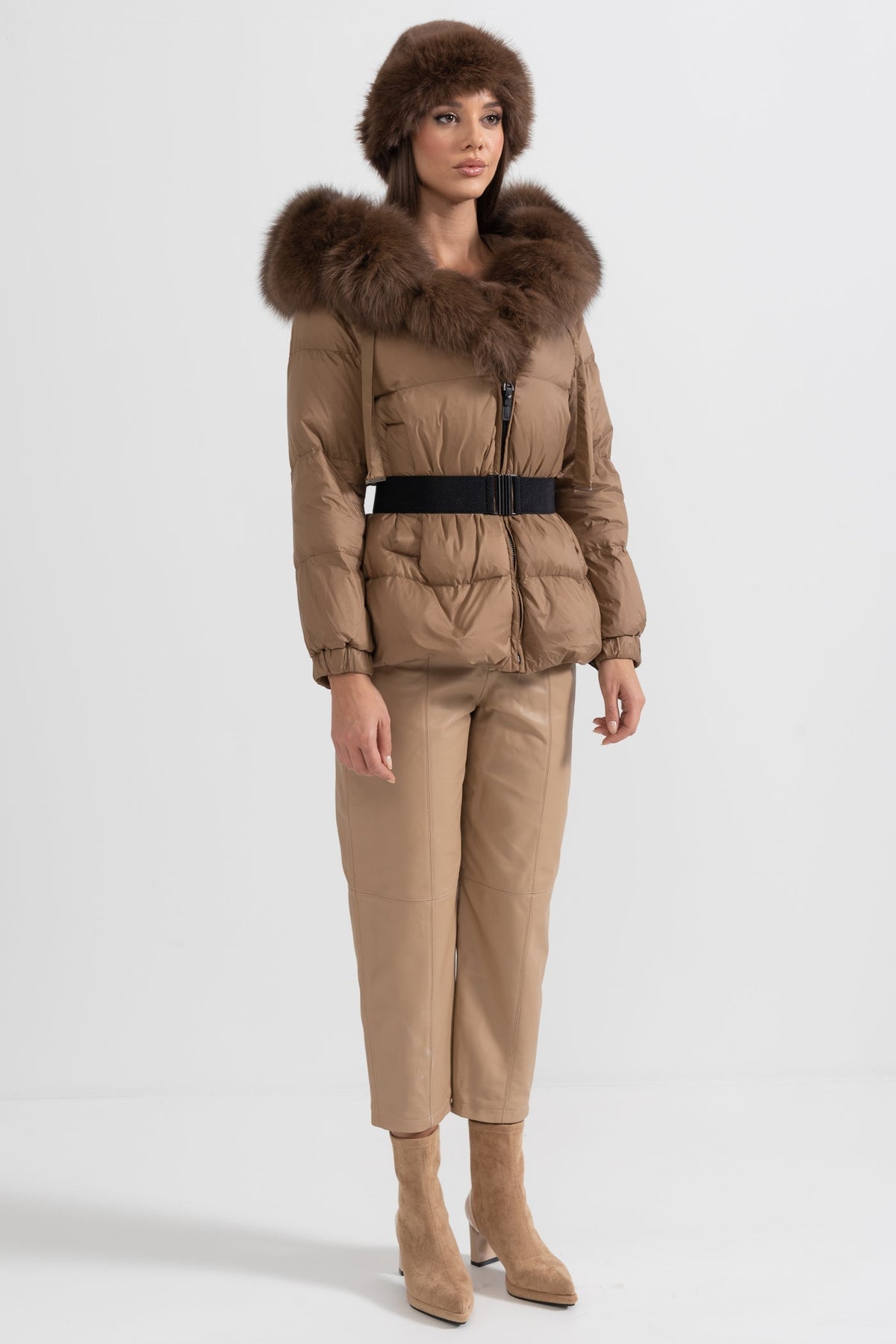 Belted Duck Down Puffer Jacket with Brown Lined Hood – Brown – view 6