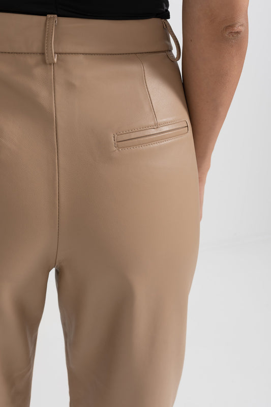 Leather Straight Leg Trousers with Decorative Stitching – Beige