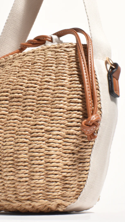 Cleo Woven Paper Bucket Bag with Drawstring Closure – Natural/Tan
