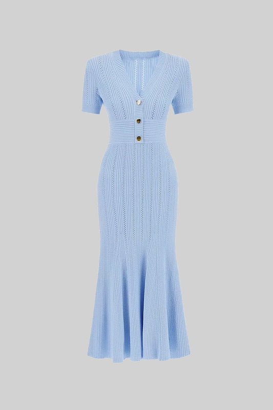 Ribbed Knit Deep V-Neck Short Sleeve Midi Dress with Gold Buttons – Blue – view 2