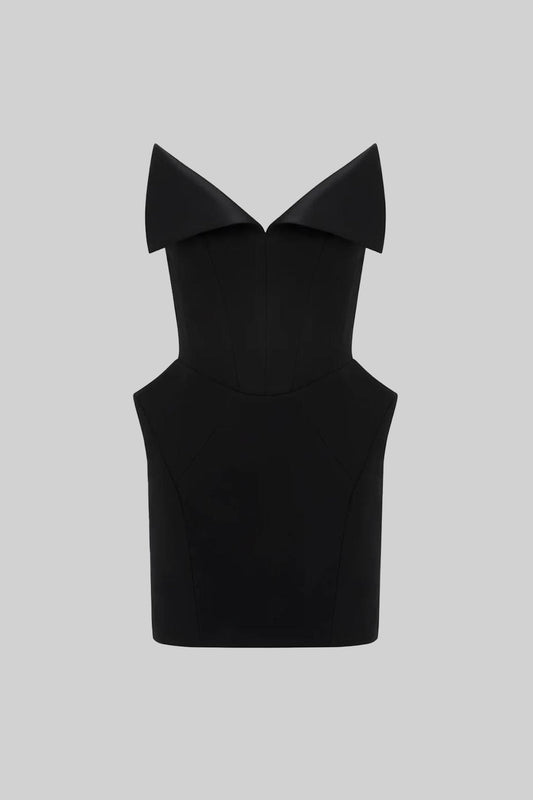 Structured Corset Mini Dress with Folded Collar Neckline – Black – view 2
