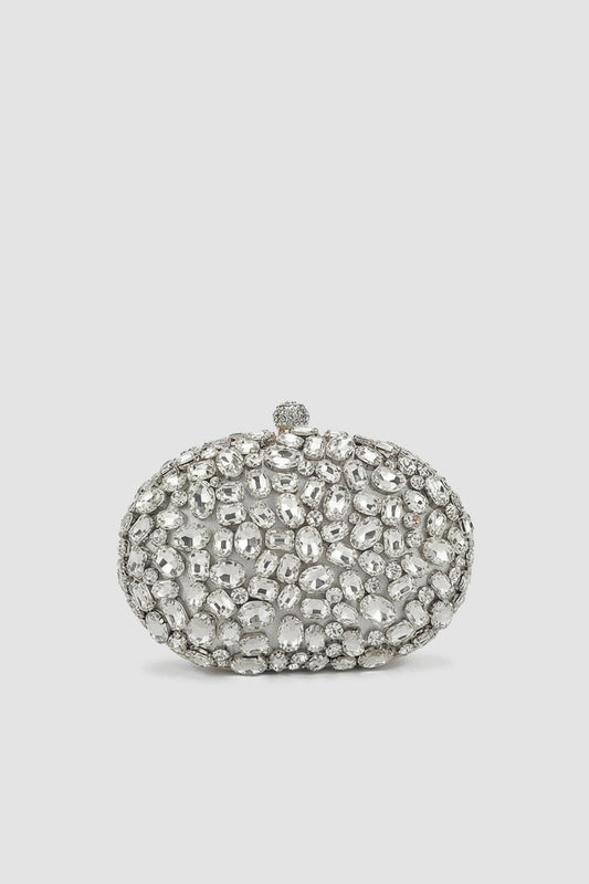 Crystal-Embellished Oval Clutch with All-Over Stone Finish – Silver – view 2