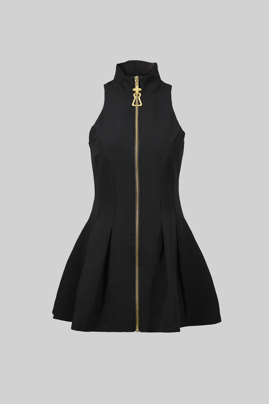High Neck Sleeveless Mini Dress with Gold Front Zip – Black